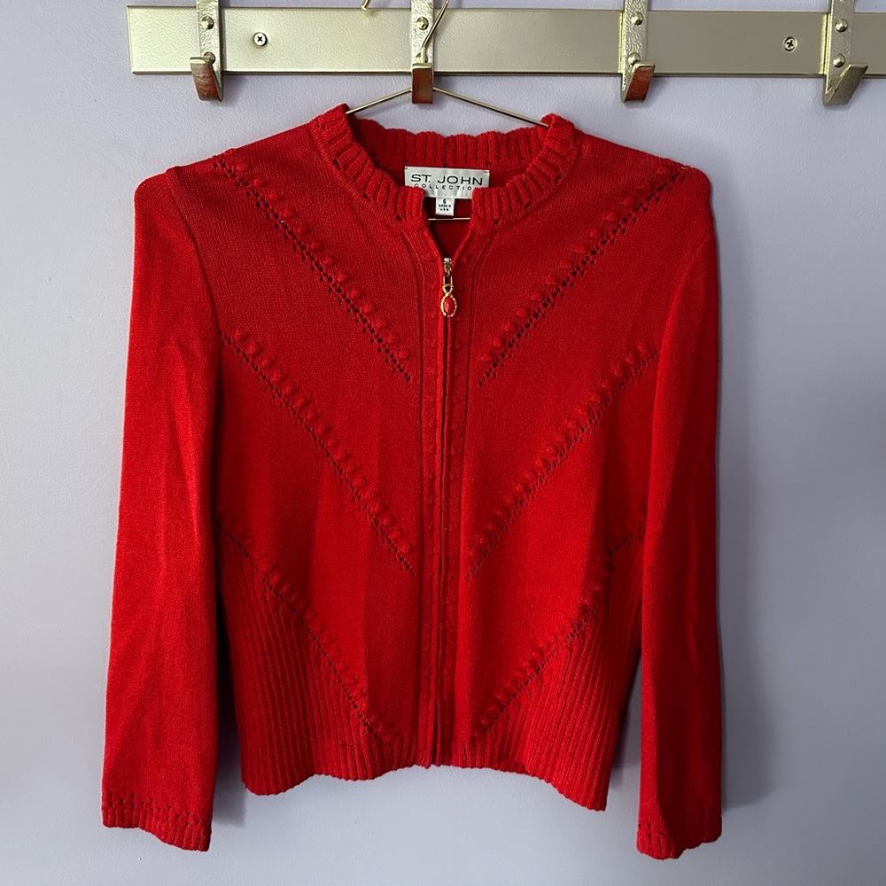 St. John Coral Red Women's Cardigan Sweater